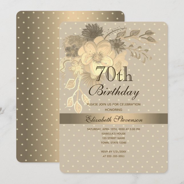 Invitation Fleurs dorées élégantes 70e anniversaire (Devant / Derrière)