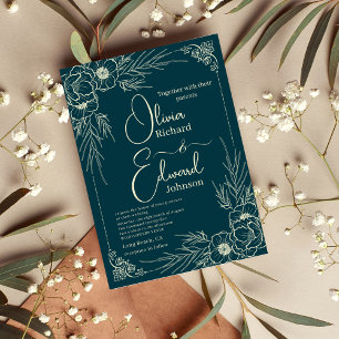 Invitation Fleurs dorées élégantes dessinées à la main. Maria