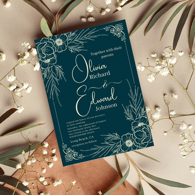 Invitation Fleurs dorées élégantes dessinées à la main. Maria (Créateur téléchargé)