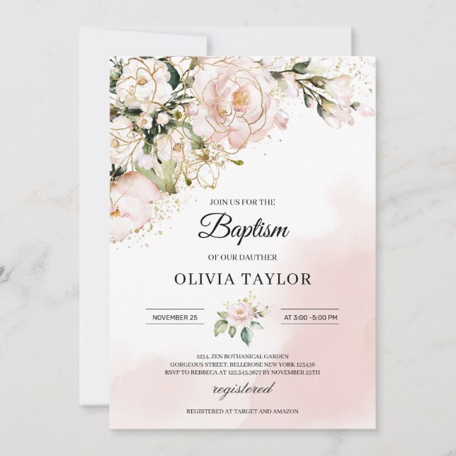 Invitation Fleurs dorées florales rose fuchsia rustique boho  (Devant)