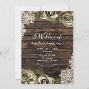 Invitation Fleurs dorées Roses Bois rustique Crème Dentelle
