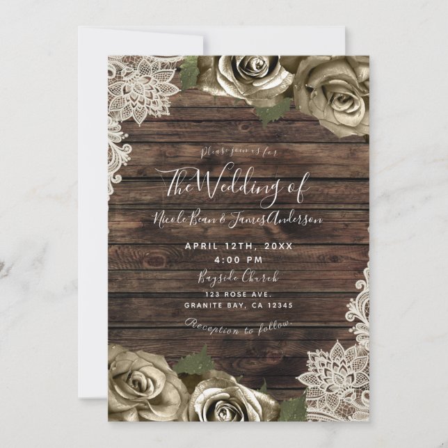 Invitation Fleurs dorées Roses Bois rustique Crème Dentelle (Devant)