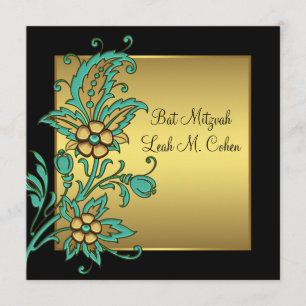 Invitation Fleurs dorées sarcelle Bat Mitzvah noir or