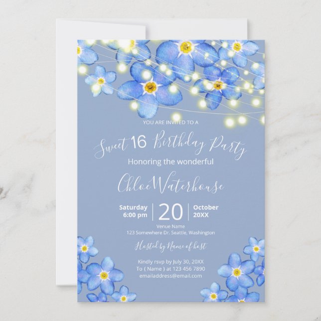 Invitation Fleurs d'oubli à l'aquarelle bleue Douce 16e anniv (Devant)