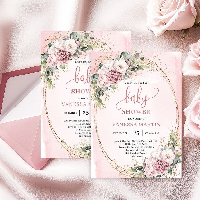 Invitation Fleurs Douces et Poussiéreuses Roses Eucalyptus Ba (Soft Dusty Pink Flowers Eucalyptus Baby Shower Girl)