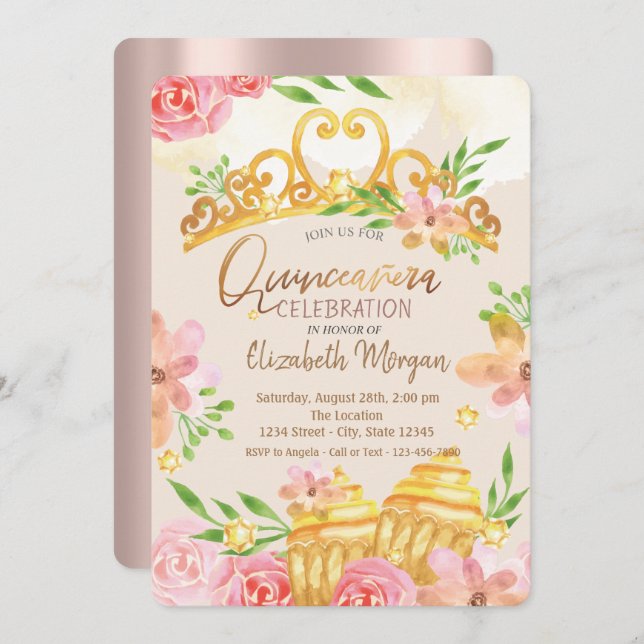 Invitation Fleurs, Douceurs, Rose Gold Quinceañera (Devant / Derrière)