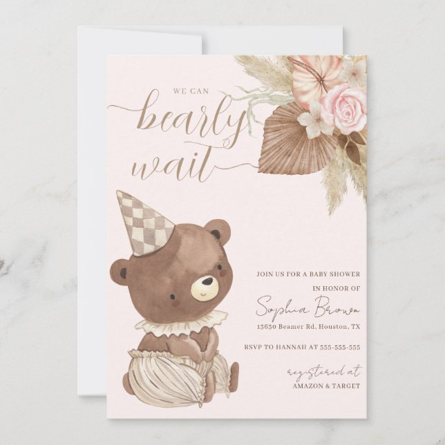 Invitation Fleurs d'ours et de saumons Baby shower neutre (Devant)