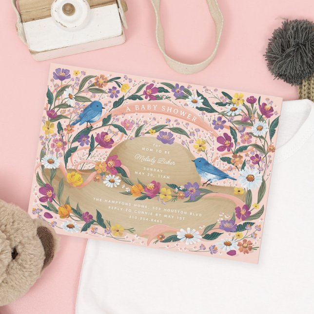 Invitation Fleurs du jardin printanier Baby shower rose Casqu (Créateur téléchargé)