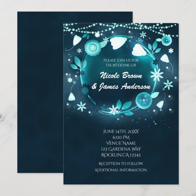 Invitation Fleurs Éclatantes Nuit Jardin Fantaisiste Mariage (Devant / Derrière)
