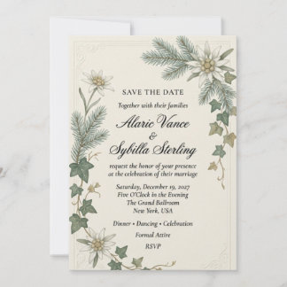 Invitation Fleurs Edelweiss, aiguilles de pin, feuilles de li