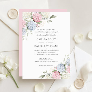 Invitation Fleurs Élégant Mariage Hortensia Rose & Bleu 