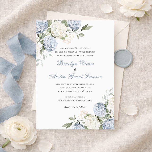 Invitation Fleurs Élégant Mariage Hydrangea Bleu Verdure  (Créateur téléchargé)