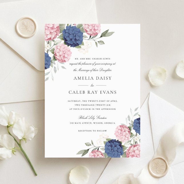 Invitation Fleurs Élégant Rose Bleu Marine Hydrangea Mariage  (Créateur téléchargé)