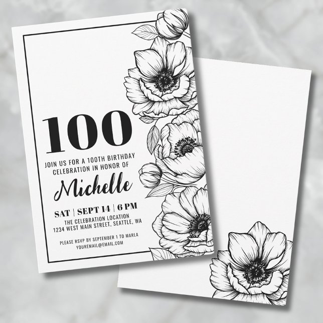 Invitation Fleurs Élégantes 100e Anniversaire (Elegant Floral 100th Birthday Invitation)