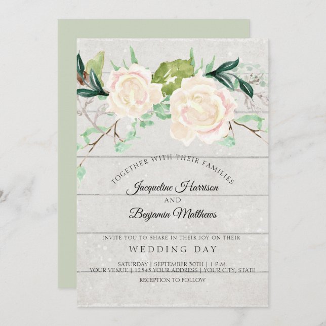 Invitation Fleurs Élégantes Aquarelle Fleur de Rose Ivoire Ru (Devant / Derrière)