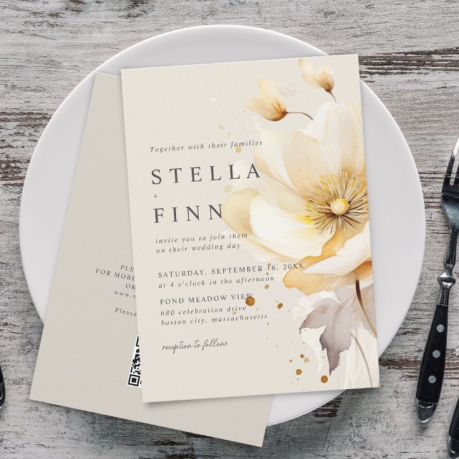 Invitation Fleurs Élégantes Blanches Jaunes Or Code QR Mariag (Elegant Flowers White Yellow Gold QR Code Wedding Invitation)