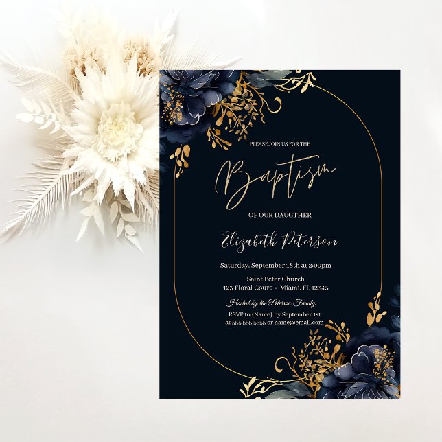 Invitation Fleurs élégantes bleu marine Baptême  (Créateur téléchargé)