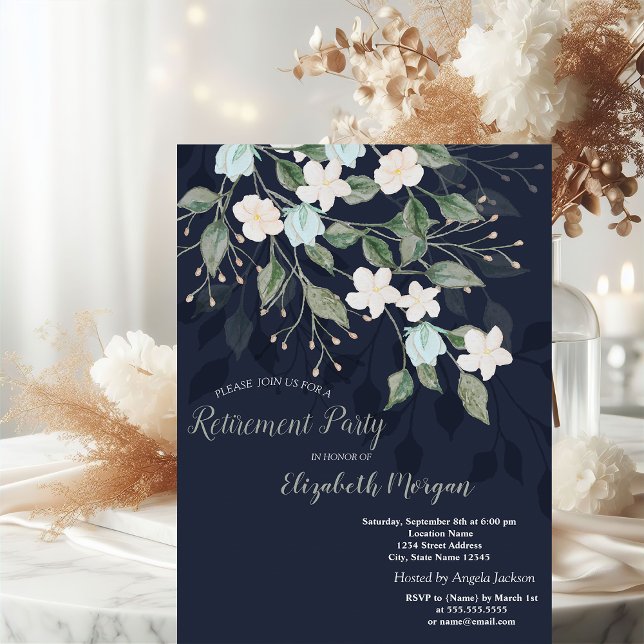 Invitation Fleurs élégantes Bleu marine Retraite  (Créateur téléchargé)