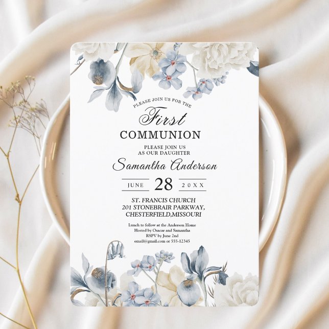 Invitation Fleurs Élégantes Bleues et Blanches d'Hiver (Créateur téléchargé)