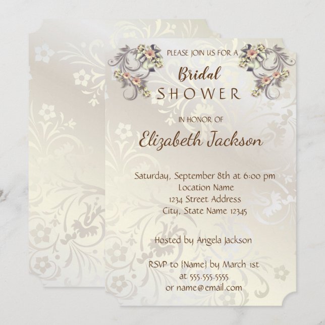 Invitation Fleurs Élégantes Chic Damassé  Lancement de Mariée (Devant / Derrière)