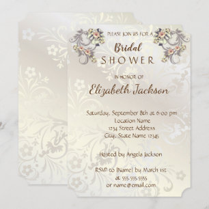 Invitation Fleurs Élégantes Chic Damassé Lancement de Mariée