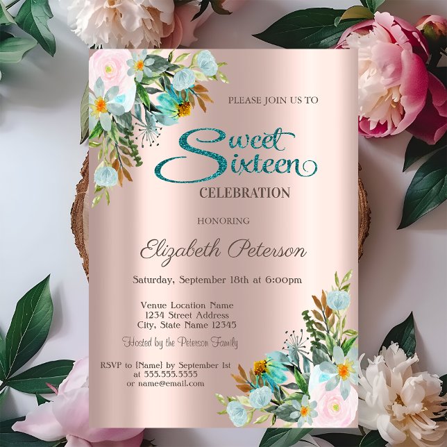 Invitation Fleurs élégantes chic Rose Or Douce 16   (Créateur téléchargé)
