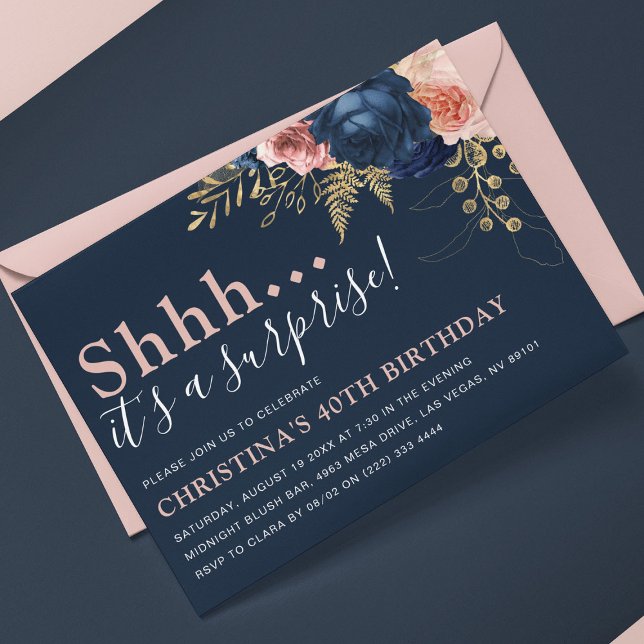 Invitation Fleurs Élégantes Chut..C'est un Anniversaire Surpr (Créateur téléchargé)