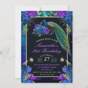 Invitation Fleurs élégantes de bleu et de pourpre Anniversair
