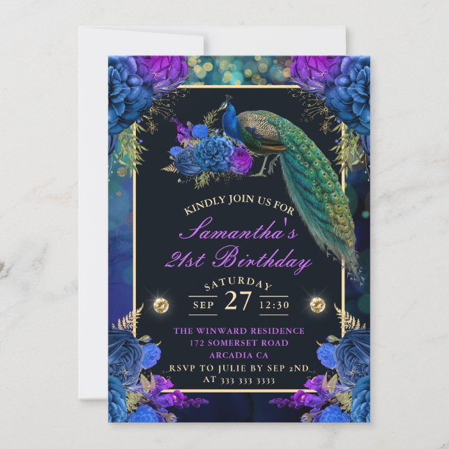 Invitation Fleurs élégantes de bleu et de pourpre Anniversair (Devant)