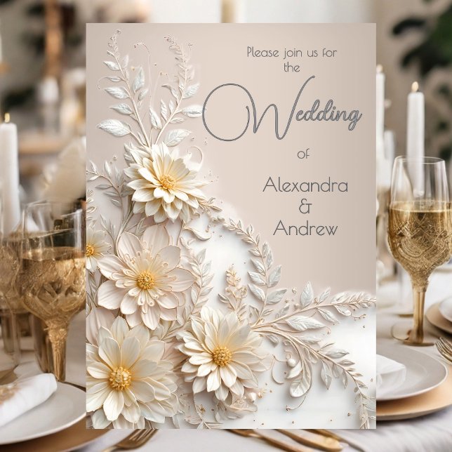 Invitation Fleurs élégantes de mariage beige blanc (Créateur téléchargé)