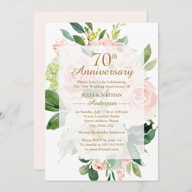 Invitation Fleurs élégantes de pêche rose pour les 70 ans de  (Devant / Derrière)