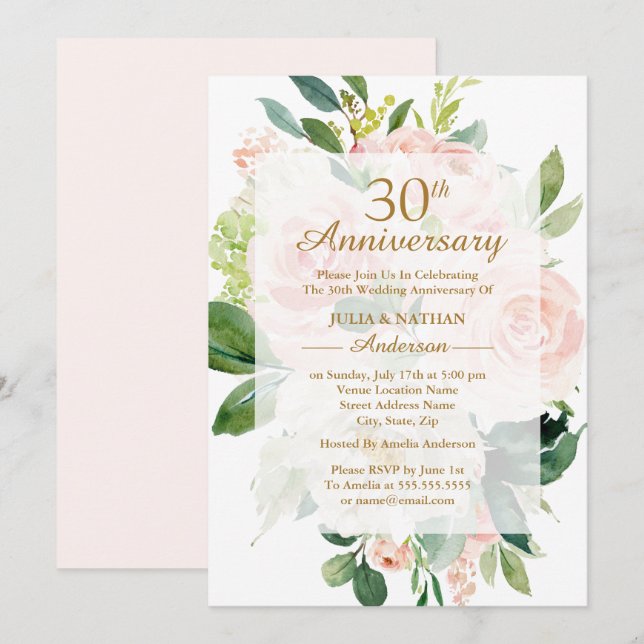 Invitation Fleurs élégantes de pêcher rose pour les 30 ans de (Devant / Derrière)