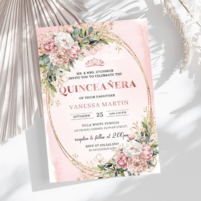 Invitation Fleurs élégantes de poussière rose Eucalyptus 15e  (Chic Dusty Pink Flowers Eucalyptus 15th Birthday Invitation

)