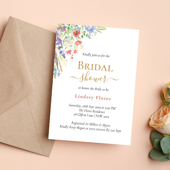 Invitation Fleurs Élégantes de Prairie d'Été en Or pour une F (Elegant summer meadow florals gold invitation creates a fresh, romantic bridal shower vibe)