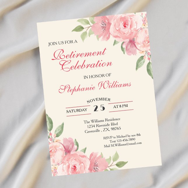 Invitation Fleurs Élégantes de Retraite Féminine Rose  (Créateur téléchargé)
