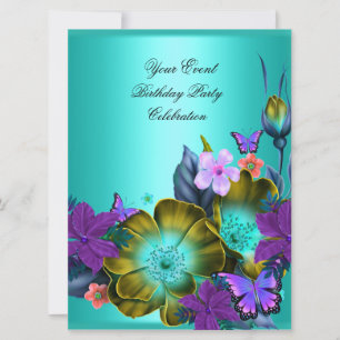 Invitation Fleurs élégantes de teinte sarcelle, violette et d