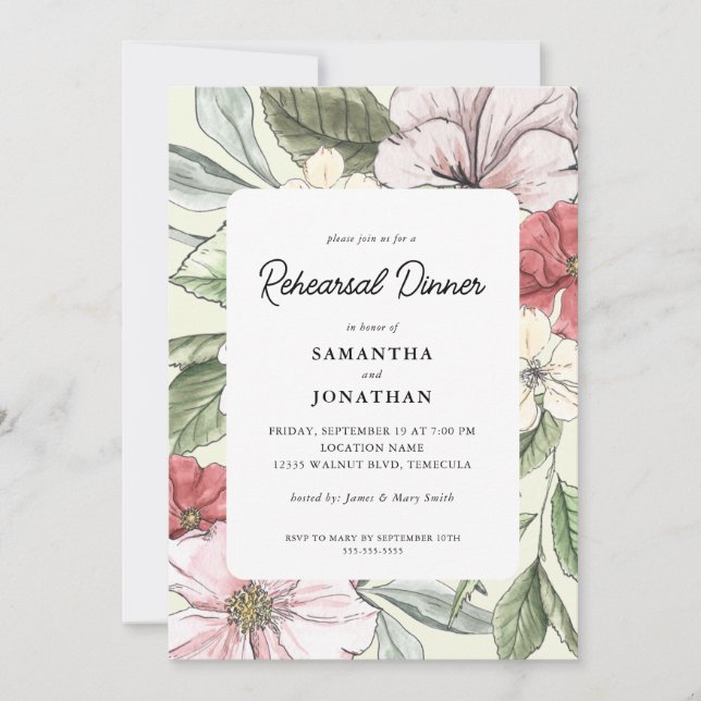 Invitation Fleurs Élégantes Dîner de Répétition de Mariage (Devant)