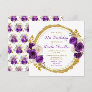 Invitation Fleurs élégantes d'or violet foncé Fête d'annivers