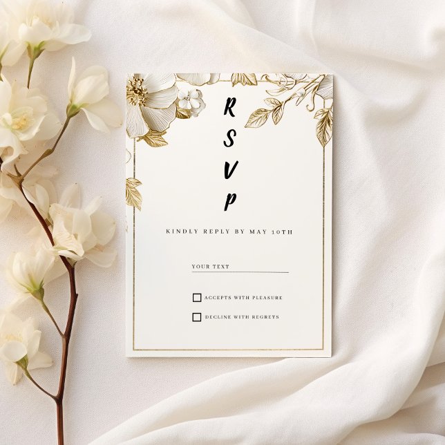 Invitation Fleurs élégantes en or blanc typographie RSVP (Elegant white gold flowers typography RSVP )