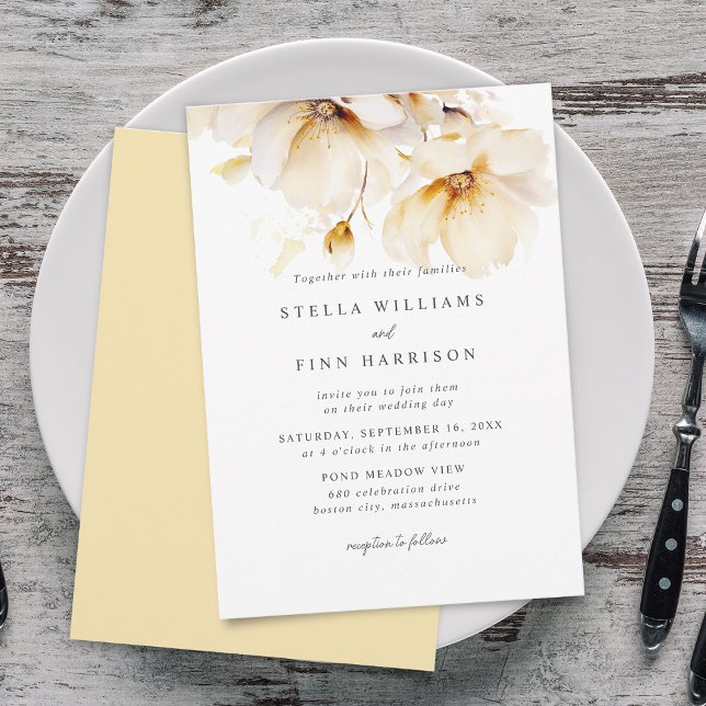 Invitation Fleurs Élégantes Mariage Blanc Jaune Or (Elegant Flowers White Yellow Gold Wedding Invitation)