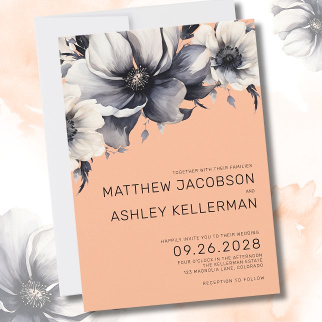 Invitation Fleurs Élégantes Mariage Floral de Pêche (Modern Elegant Watercolor Floral Peach Wedding Invitation)