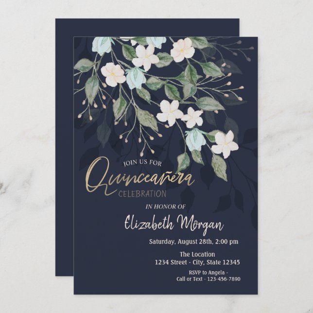 Invitation Fleurs élégantes Marine Blue Quinceañera (Devant / Derrière)