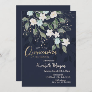 Invitation Fleurs élégantes Marine Blue Quinceañera