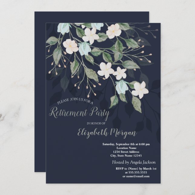 Invitation Fleurs élégantes Marine Blue Retraite (Devant / Derrière)