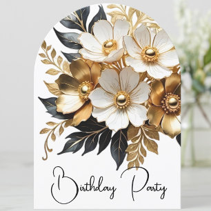 Invitation Fleurs élégantes or noir et blanc pour anniversair