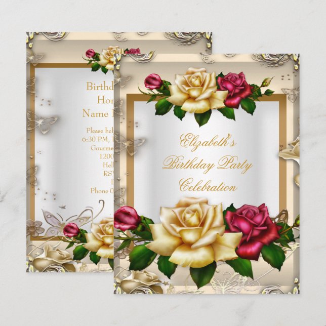 Invitation Fleurs élégantes pour fête d'anniversaire Roses Bl (Devant / Derrière)