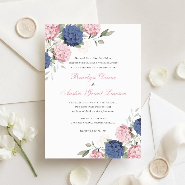 Invitation Fleurs Élégantes Rose & Bleu Nuit Hydrangea Mariag (Créateur téléchargé)