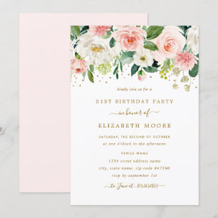 Invitation Fleurs élégantes rose doré 21e anniversaire