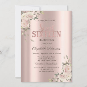 Invitation Fleurs Élégantes Rose Gold Anniversaire 16 Ans