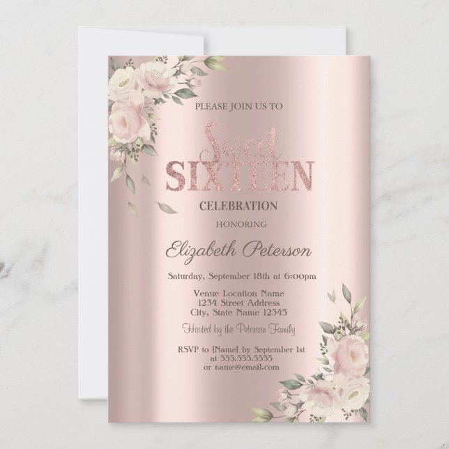 Invitation Fleurs Élégantes Rose Gold Anniversaire 16 Ans (Devant)